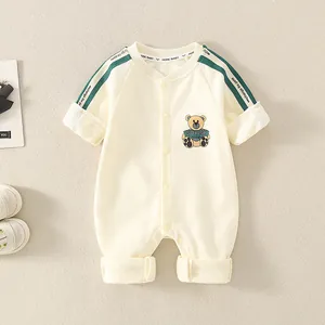 Infant Baby Cotton Onesie Long Sleeve Cartoon Bear Print Romper Spring Autumn A Class Soft Breathable Button Up Jumpsuit