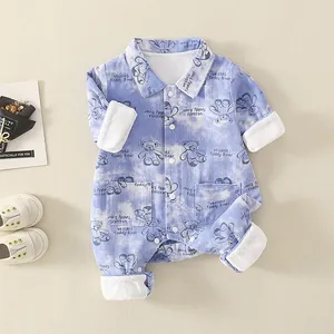 Baby Boy Cotton Romper Class A Long Sleeve Tie Dye Teddy Bear Print Jumpsuit Lapel Button Casual Spring Autumn Infant Clothes