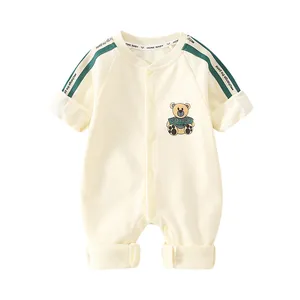 Infant cotton long sleeve romper with cute cartoon bear embroidery and button closure