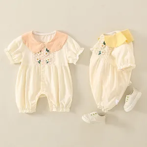 Baby Mädchen Sommer Baumwolle Strampler Peter-Pan-Kragen Kurzarm Body Mit Gänseblümchen Stickerei Smocking Für Kleinkinder