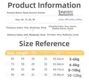 Detailed size chart for baby autumn smile embroidery romper with length and weight guide