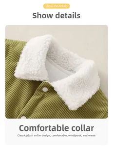 Detail of baby winter jumpsuit featuring corduroy texture and white fleece collar
