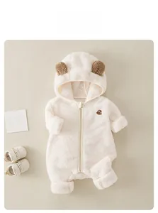 Close-up of baby romper with warm double-sided fleece and cute brown bear ear hood