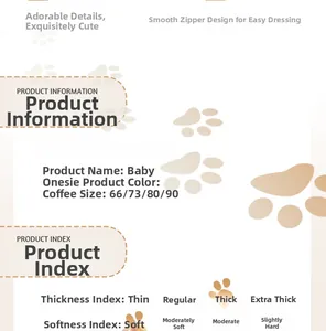 Detailed size guide for newborn fleece jumpsuit with thickness and soft texture specs