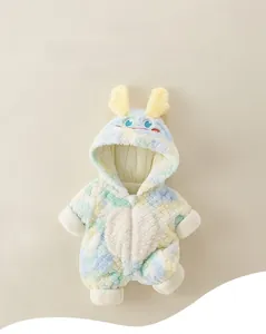 Detail of colorful plush baby winter romper with fuzzy hooded ears and zipper closure