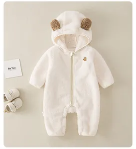 Detailed flat lay of warm cream baby fleece jumpsuit with cute bear ears and zipper