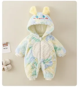 Detail of colorful plush baby romper with monster hood and thick flannel texture