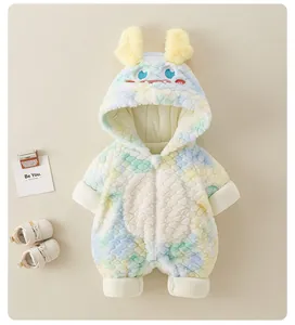 Close-up of baby winter jumpsuit featuring colorful faux fur and cartoon hood details