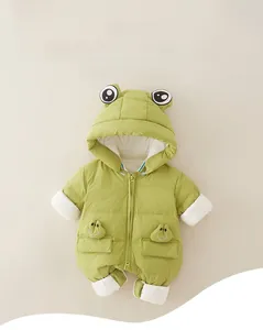 Detail of baby winter frog romper in light green with cute eyes on hood and white cuffs