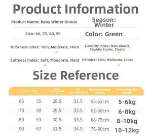 Size chart for winter baby snowsuit showing measurements from 66 to 90 cm in green