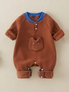 Fleece baby romper in brown and blue with cute animal embroidery and snap buttons
