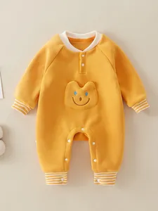 Thick yellow fleece baby romper with cute bear patch and ribbed cuffs for newborns