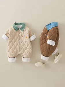 Quilted baby jumpsuits with smile embroidery and contrast collars in beige and brown