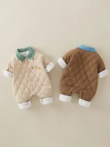 Quilted baby jumpsuits with smile embroidery and soft fleece lining in beige and brown