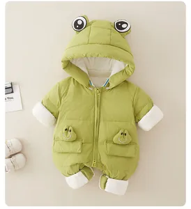 Detail of baby winter frog jumpsuit with 3D hood eyes and ribbed white cuffs