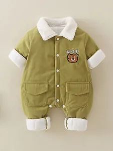 Infant Baby Winter Romper Corduroy Padded Jumpsuit Warm Sherpa Fleece Lining Cute Bear Embroidery Hooded One Piece Outfit