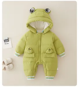 Detail of green frog-themed baby winter romper with ribbed striped cuffs and hood eyes