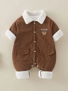 Infant winter corduroy hooded romper with bear embroidery and warm fleece lining