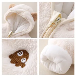 Infant winter flannel romper with bear hood and embroidery in warm off-white fleece