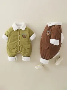 Winter infant corduroy rompers with fleece collars in olive and brown colors
