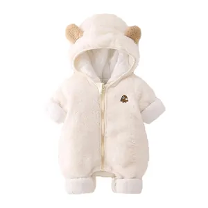 Infant hooded flannel romper with cute bear ears and fleece lining for winter warmth