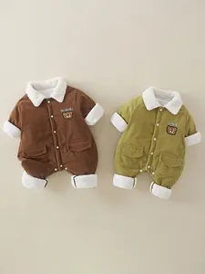 Winter fleece-lined corduroy baby jumpsuit with cute bear embroidery and warm white trim