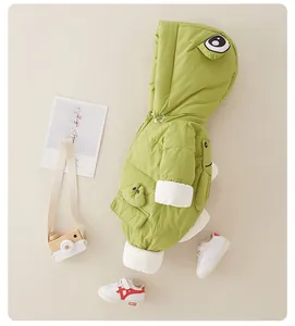 Detailed close-up of baby green frog winter romper with soft plush cuffs and cute embroidery