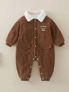 Brown corduroy baby winter jumpsuit with fleece collar and bear embroidery