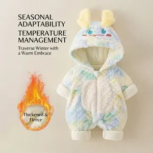 Thickened fleece baby winter romper with colorful macaron stripes and monster hood