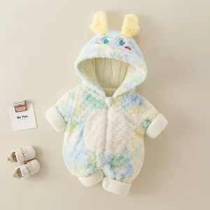 Toddler winter colorful hooded romper with fuzzy animal ears and warm tie-dye fleece