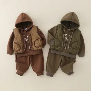Detailed flat lay of children's fleece-lined 3-piece sets in coffee and olive green colors