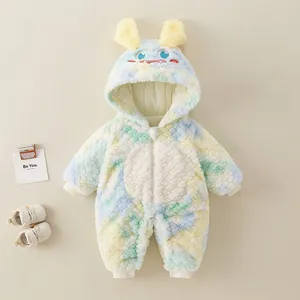 Rainbow tie-dye baby winter fleece romper with cute monster hood and 3D ears design