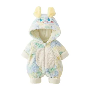 Colorful plush baby winter hooded jumpsuit with warm fleece and cute monster design