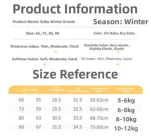 Detailed size chart for baby winter romper showing measurements for 66 to 90 cm height