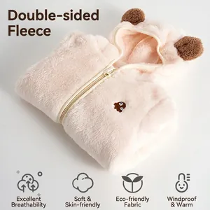 Newborn fleece hooded romper with cute bear ears and embroidery for autumn and winter