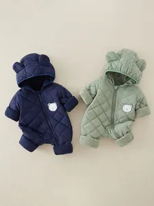 Tuta imbottita neonato con cappuccio e orecchie da orso in blu navy e verde salvia