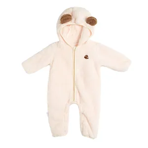 Pink fleece hooded baby romper with bear ears and octopus embroidery for winter warmth