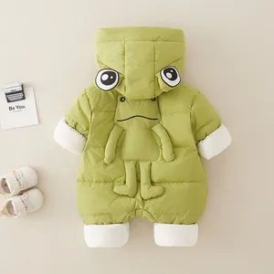 Thick winter baby romper with cute green frog hood and 3D design for warmth