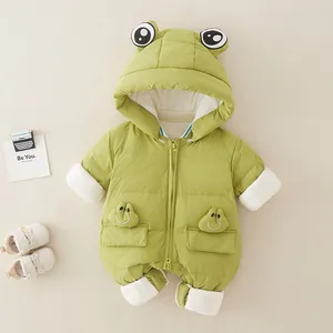 Thick winter infant romper in grass green with cute frog hood and double zipper