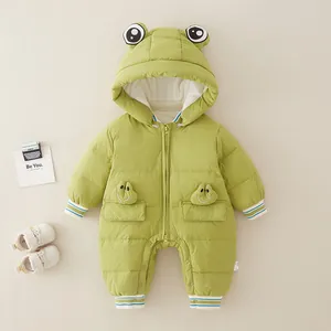 Thick avocado green frog-themed baby winter puffer jumpsuit with ribbed cuffs