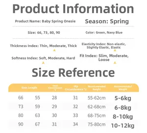 Size chart for baby cotton rompers showing measurements for lengths 66 to 90 cm