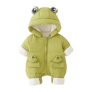 Green frog-themed baby winter snowsuit with cute hood eyes and warm quilted padding