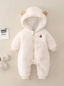 Tutina neonato in flanella spessa bianco crema con orecchie d'orso e ricamo