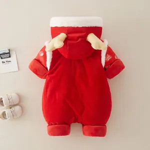 Tutina neonato rossa imbottita con bordo in peluche e corna dorate per il Capodanno Cinese