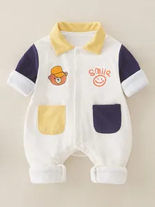Cotton baby romper with cartoon bear print and colorblock design in cream and blue