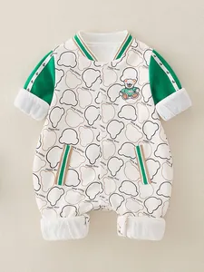 Infant Baby Romper Cartoon Bear Head Print Long Sleeve Onesie Polyester Cotton Blend Baseball Collar Snap Button Newborn Outing Clothes