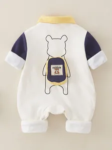Infant cotton romper with cartoon bear design, contrast sleeves, and a mini backpack accessory