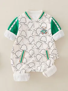 Infant white cotton romper with green raglan sleeves and cute cartoon bear print