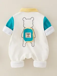 Baby cotton romper with blue sleeves and cute 3D bear backpack detail on back