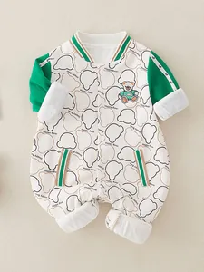 Long sleeve baby romper with green contrast sleeves and cute cartoon bear patterns